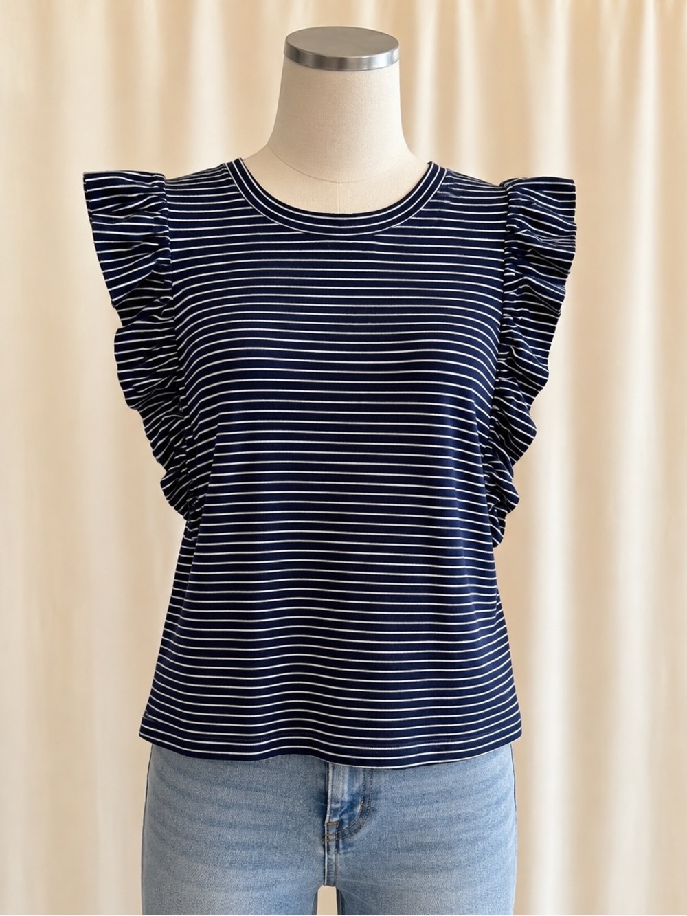 Banana Republic Navy and White Striped Ruffle Sleeve Tank size M